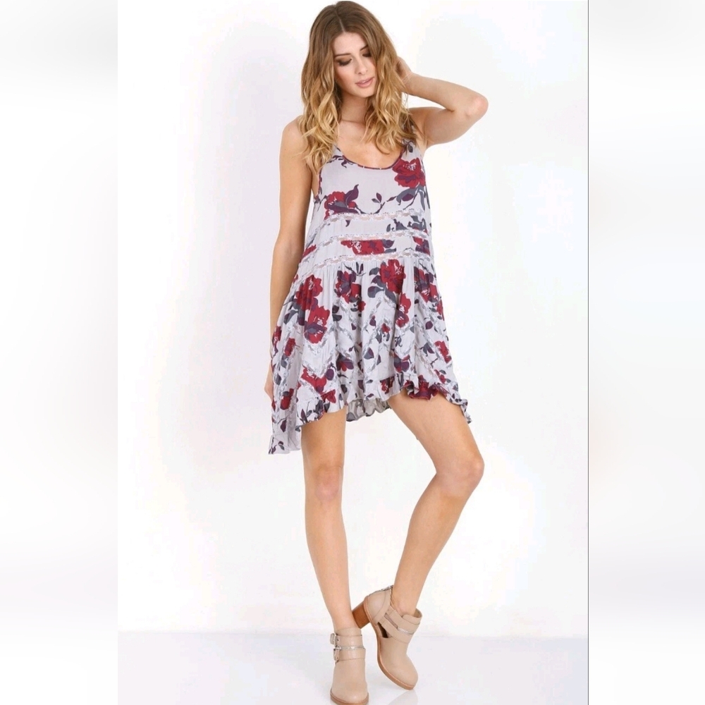 Intimately Free People Floral Voile Lace Trapeze Slip Dress Gray/Burgundy Sz MED - Picture 3 of 13